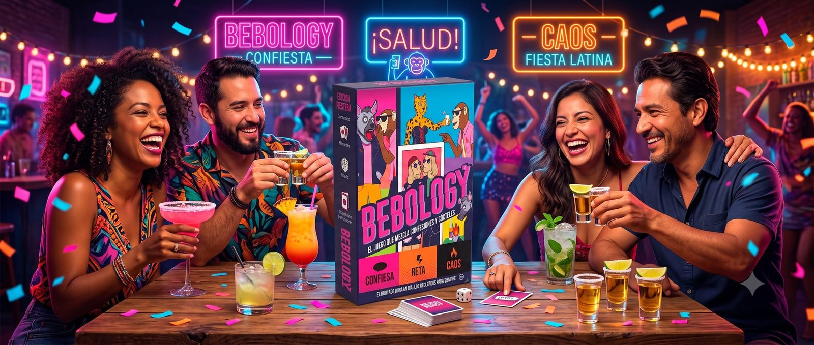 Grupo de amigos riendo y jugando Bebology en una previa