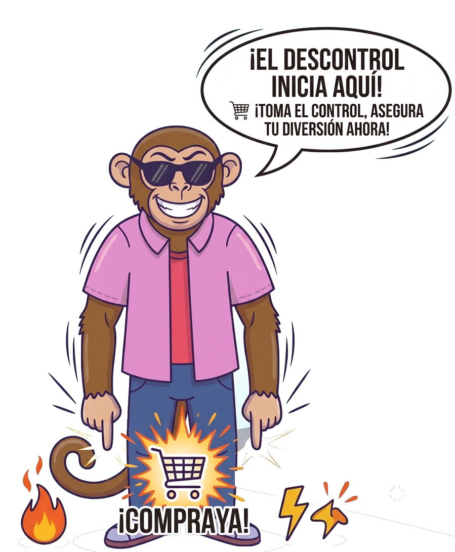 Mono mascota de Bebology invitando a comprar, con carrito de compras