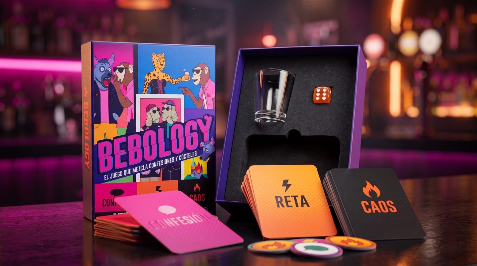 Bebology desplegado: cartas, dado y copa de shot